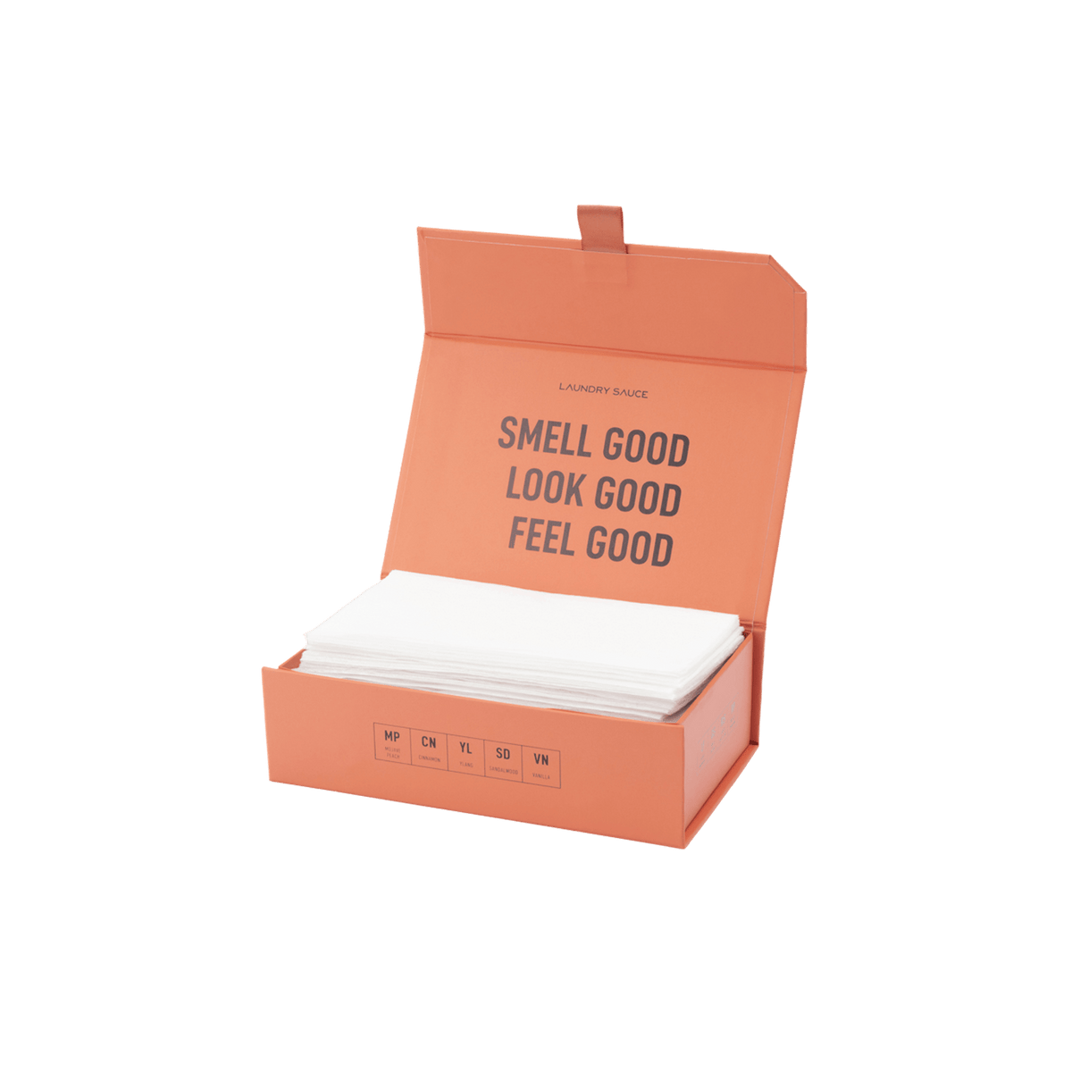Scented dryer sheets in an orange open box with neatly stacked white sheets