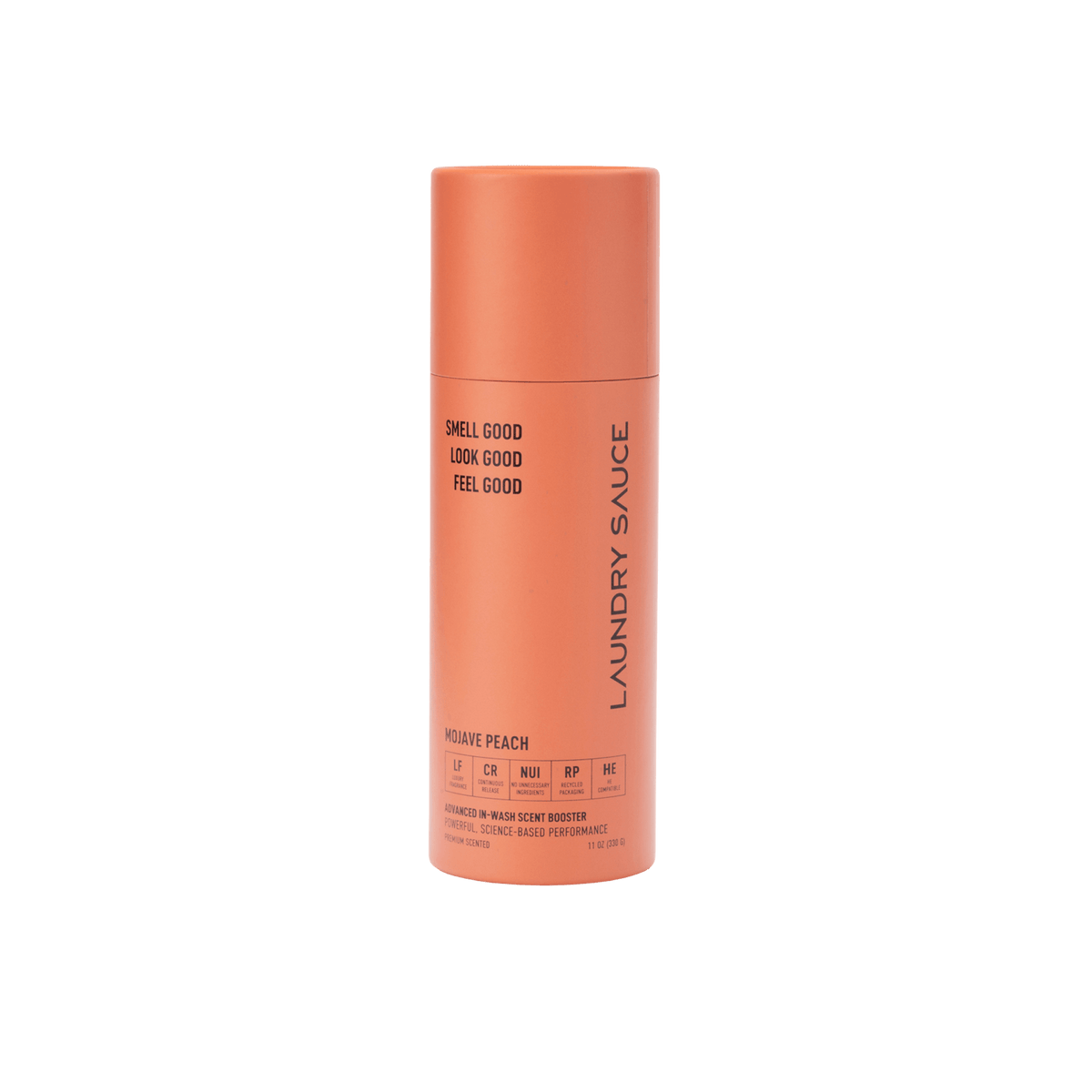 Peach-colored laundry scent booster canister, Mojave Peach fragrance, vertical label