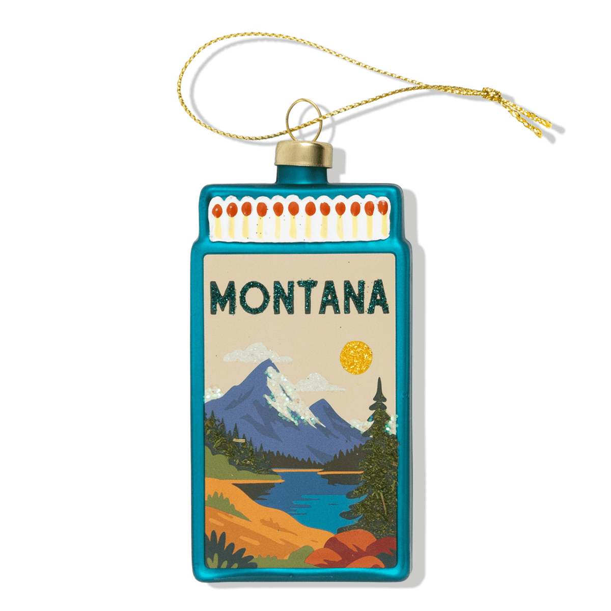 Montana matchbook ornament with colorful landscape graphic and gold cord loop