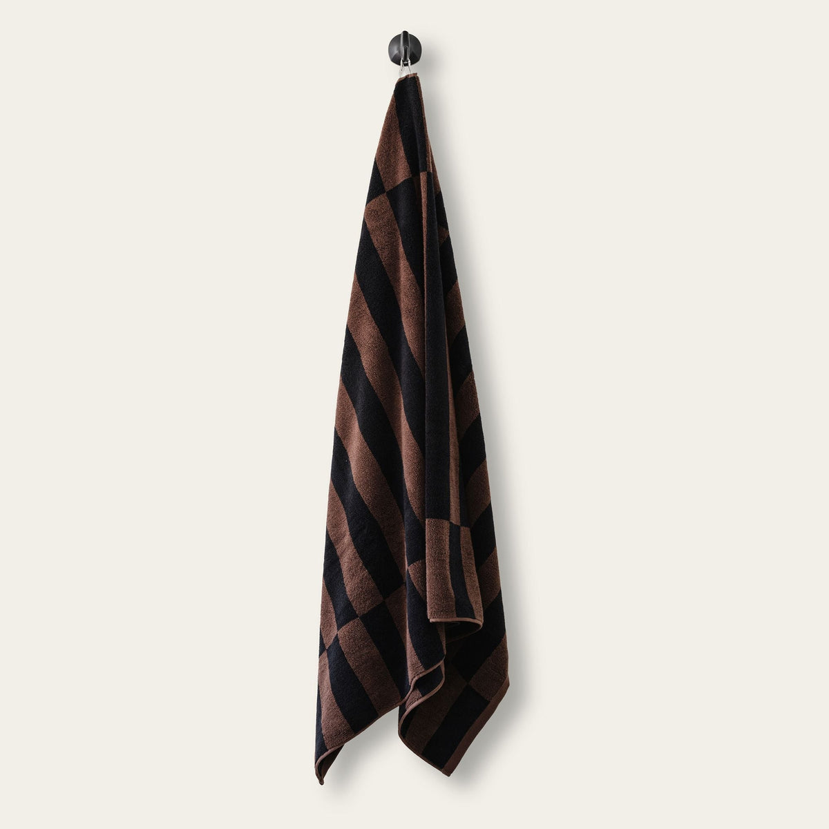 Hanging towel with tobacco brown and black plaid pattern, rectangular terry cloth