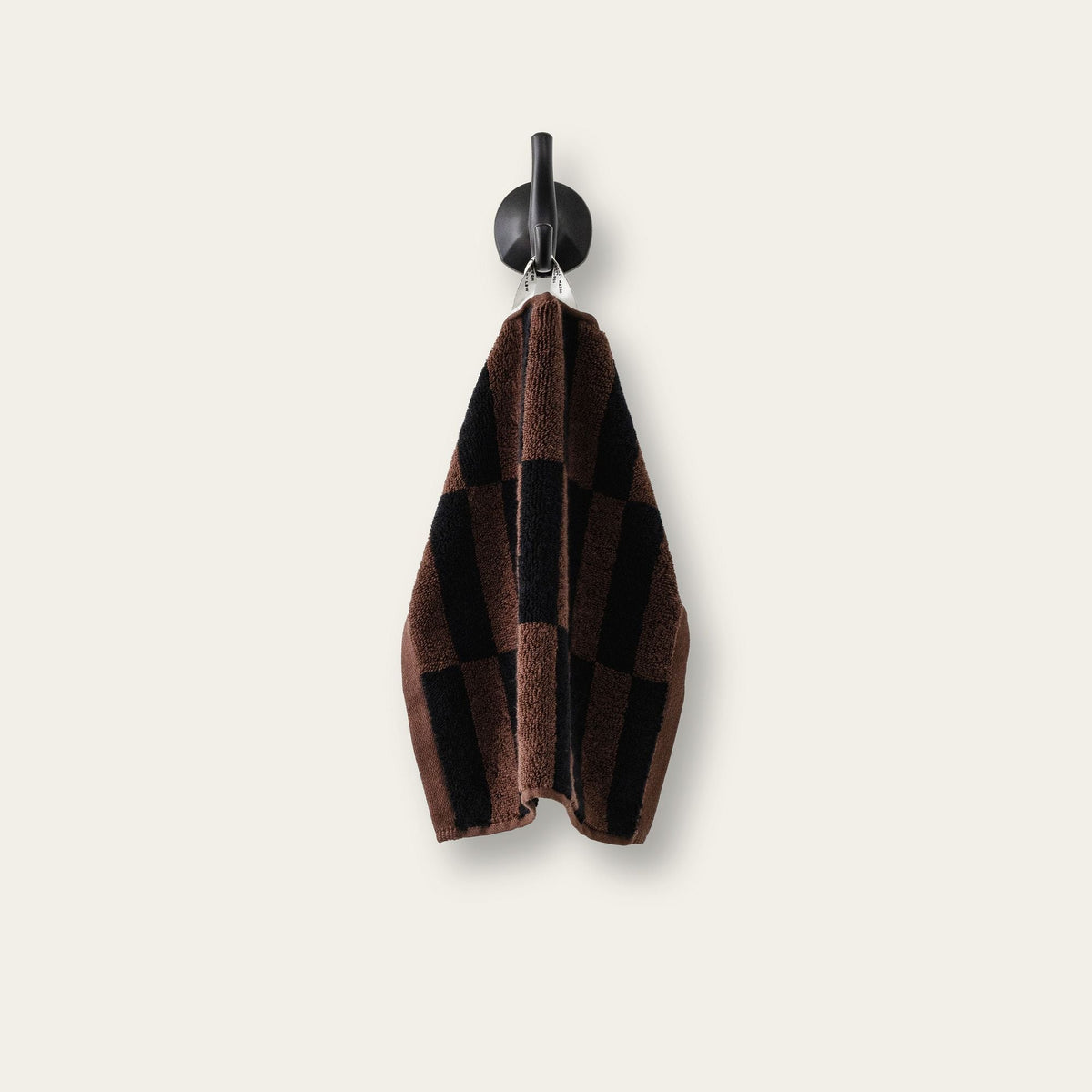 Hanging hand towel with tobacco brown and black plaid stripes, terry cloth