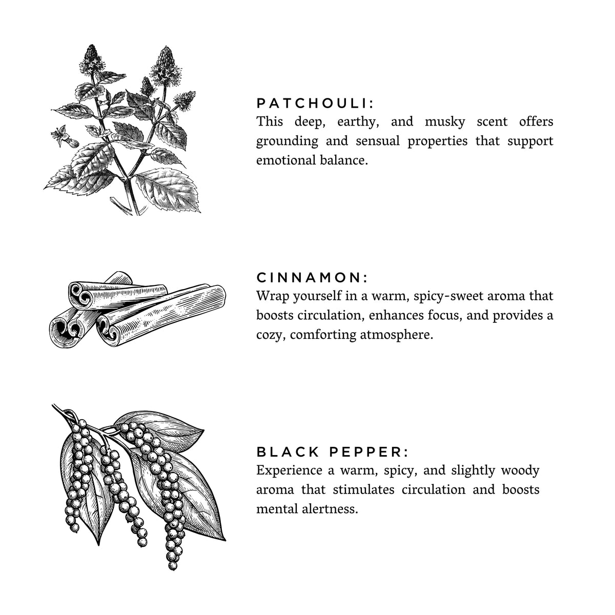 Moonglow candle scent ingredients: patchouli, cinnamon sticks, and black peppercorns.