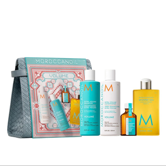 Moroccanoil holiday volume hair gift set in teal zip pouch with bottles and shower gel