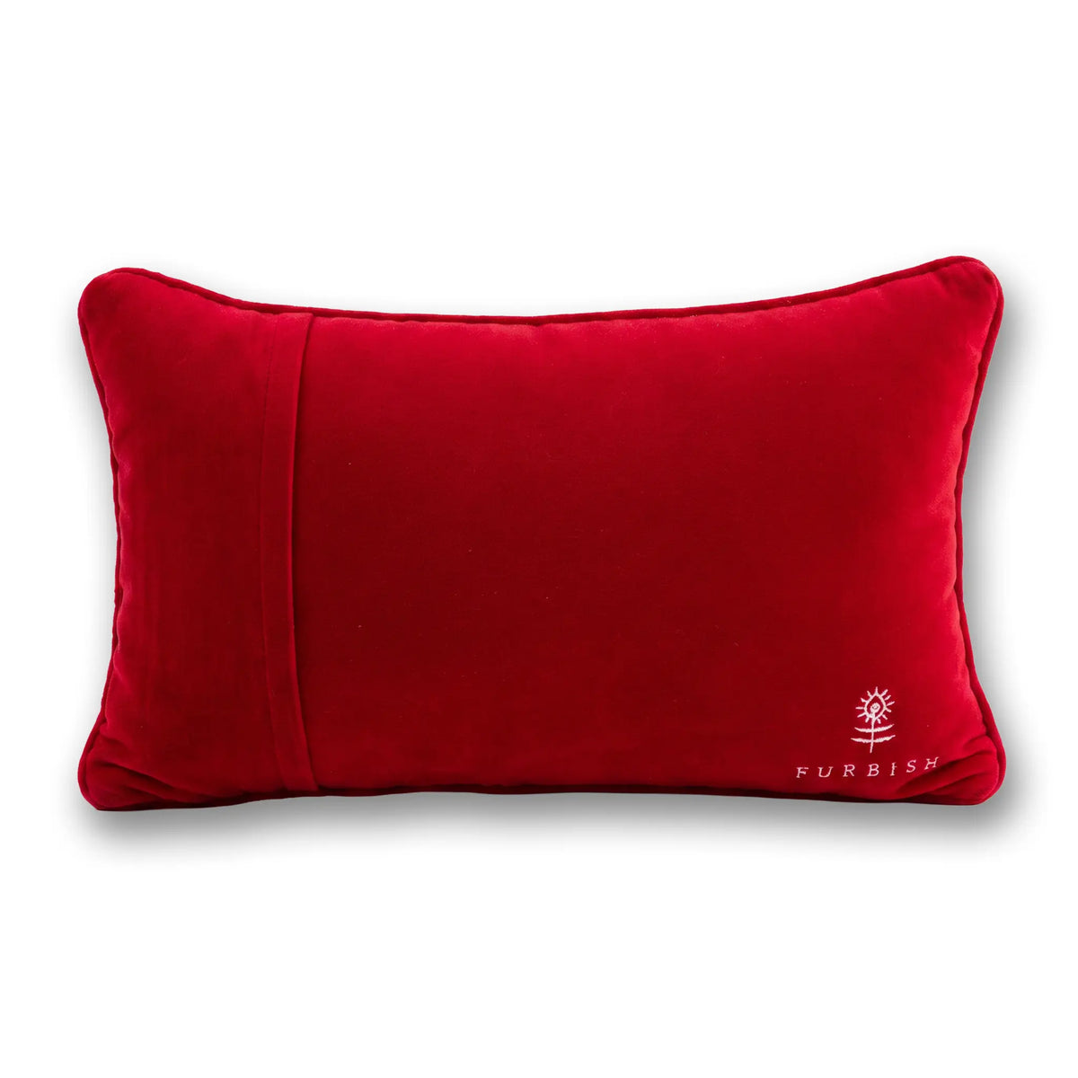 Red lumbar pillow with contrast piping and small embroidered logo on the corner.