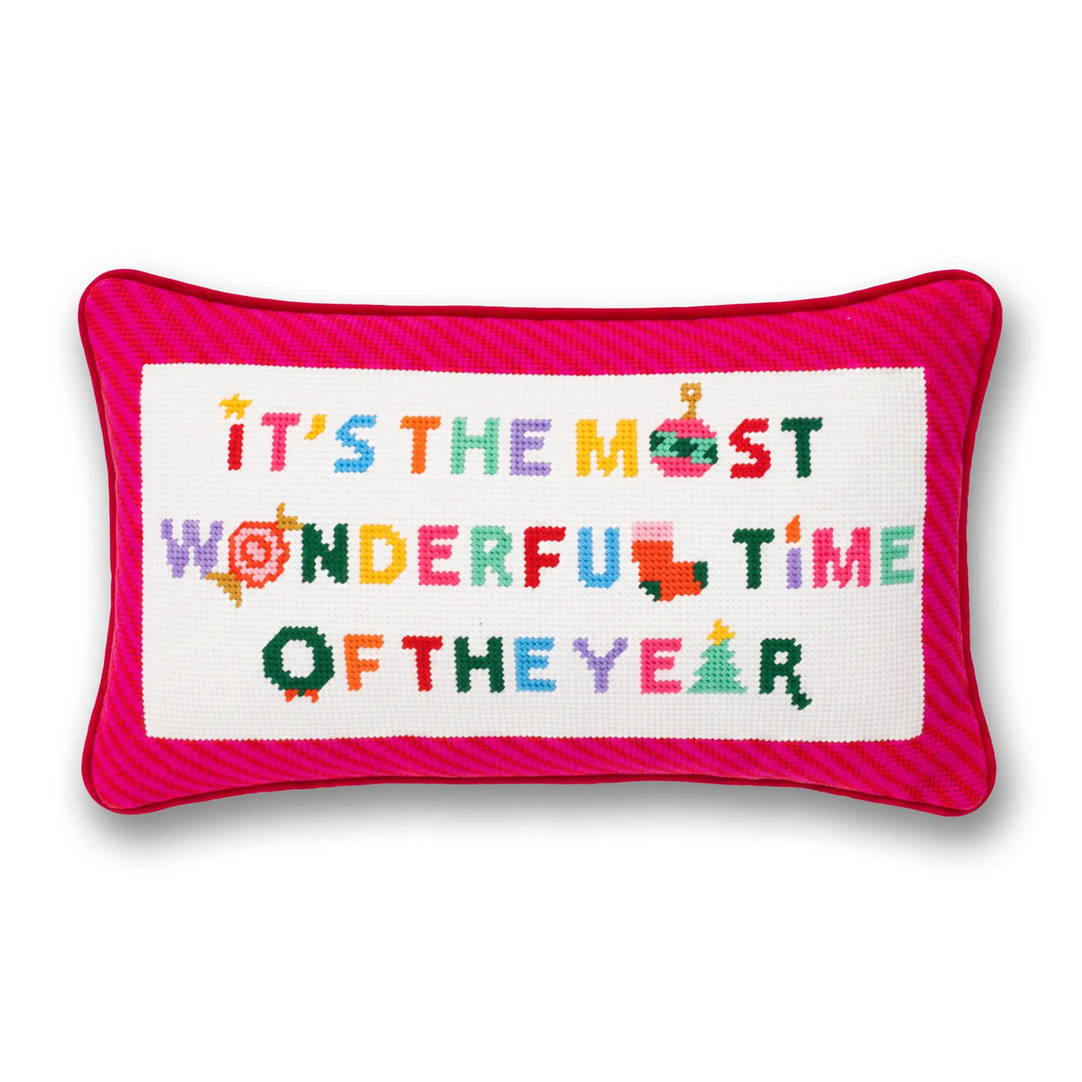 Needlepoint pillow with red border, "It's the most wonderful time of the year".