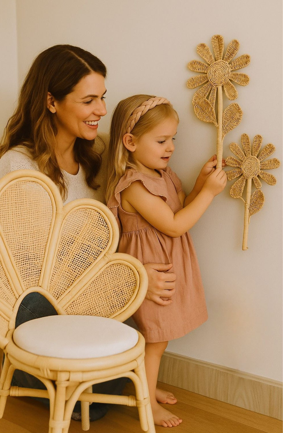 Rattan flower stems mounted on a wall beside a child holding one