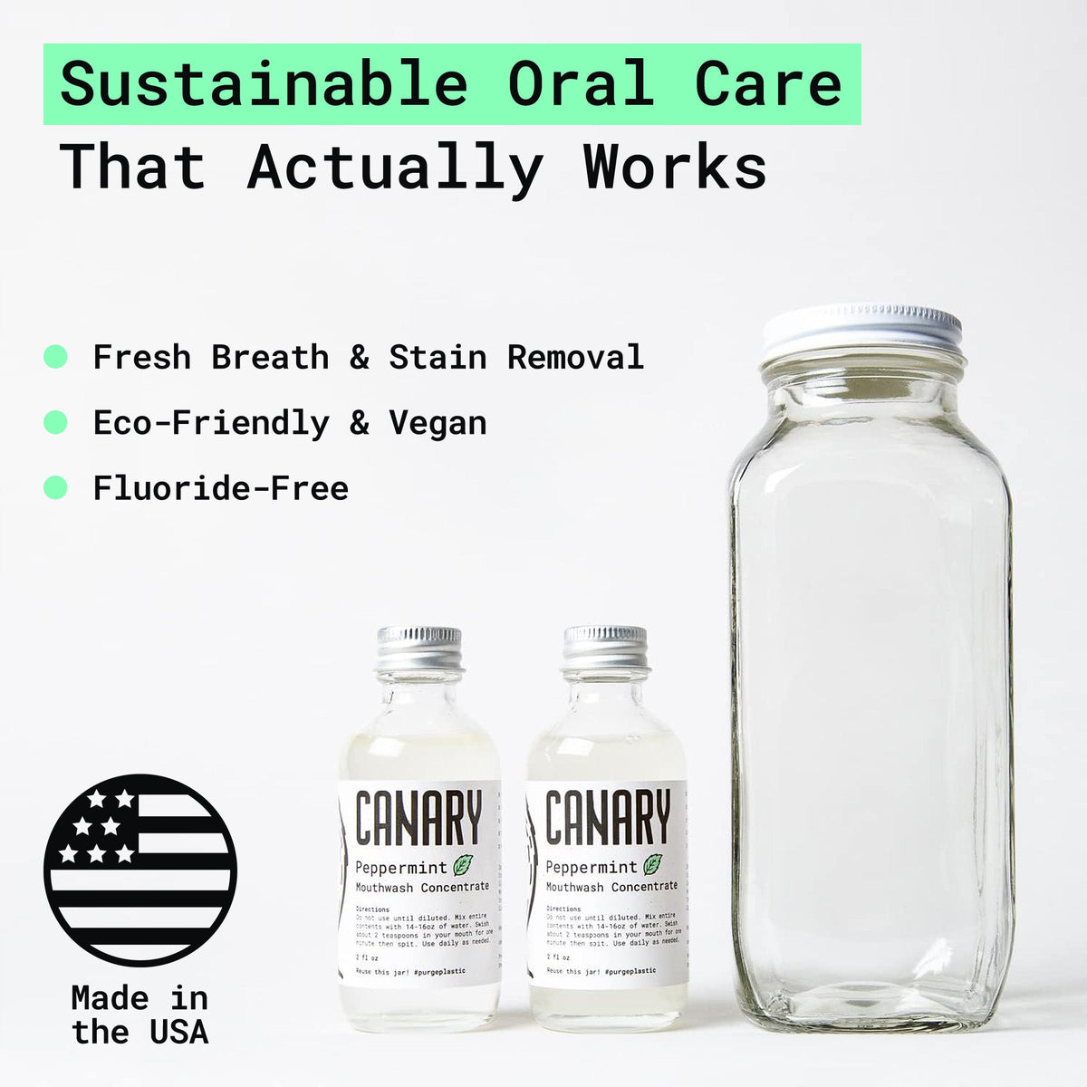 Two small bottles of Canary peppermint mouthwash concentrate beside a reusable glass bottle