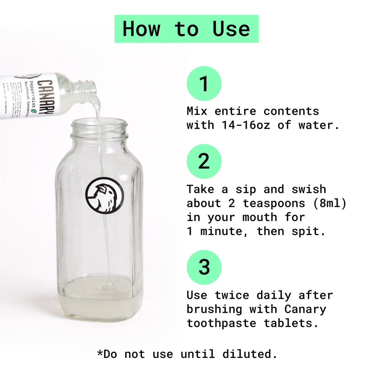 Canary mouthwash concentrate being poured into a reusable glass bottle