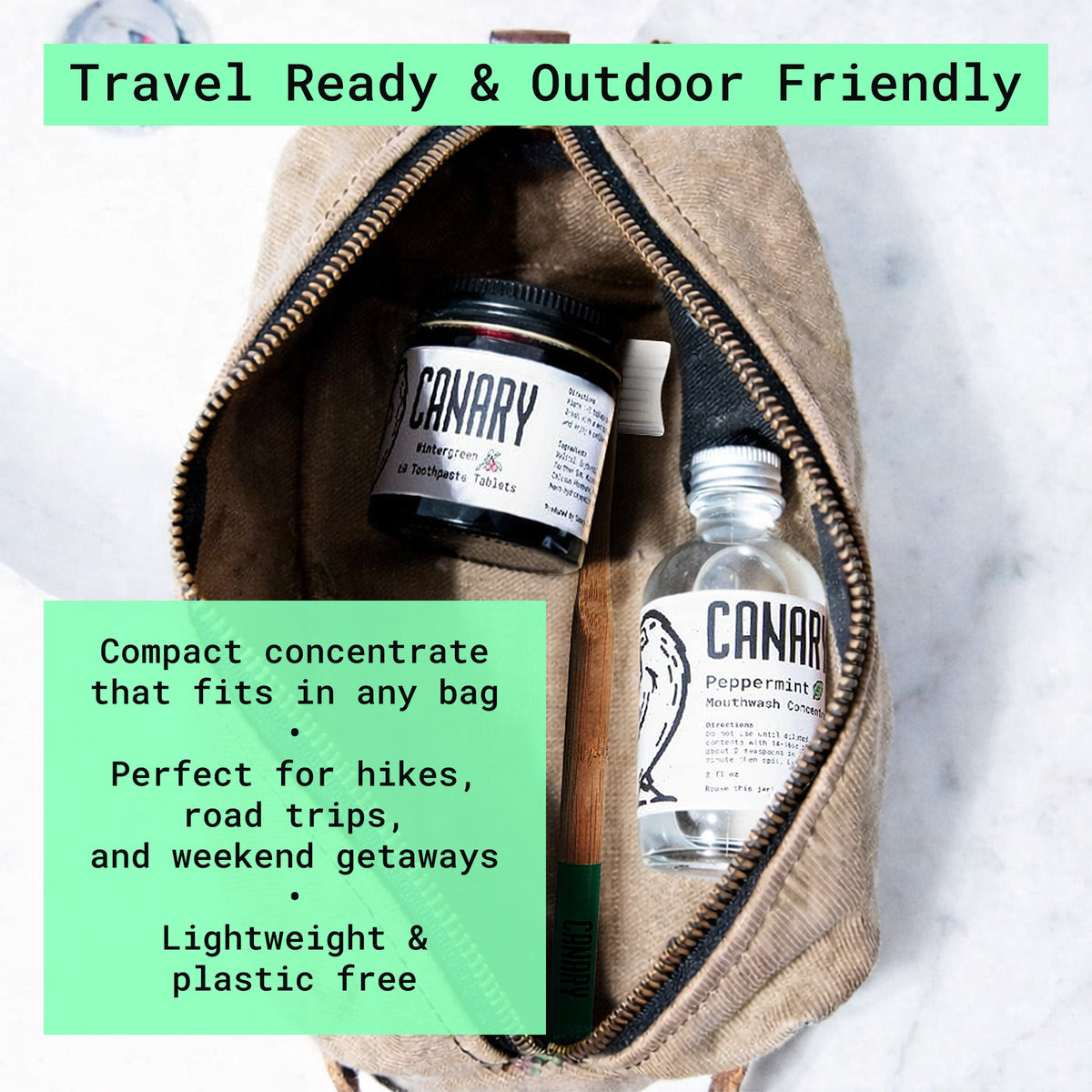 Canary peppermint mouthwash concentrate bottle packed in an open travel bag