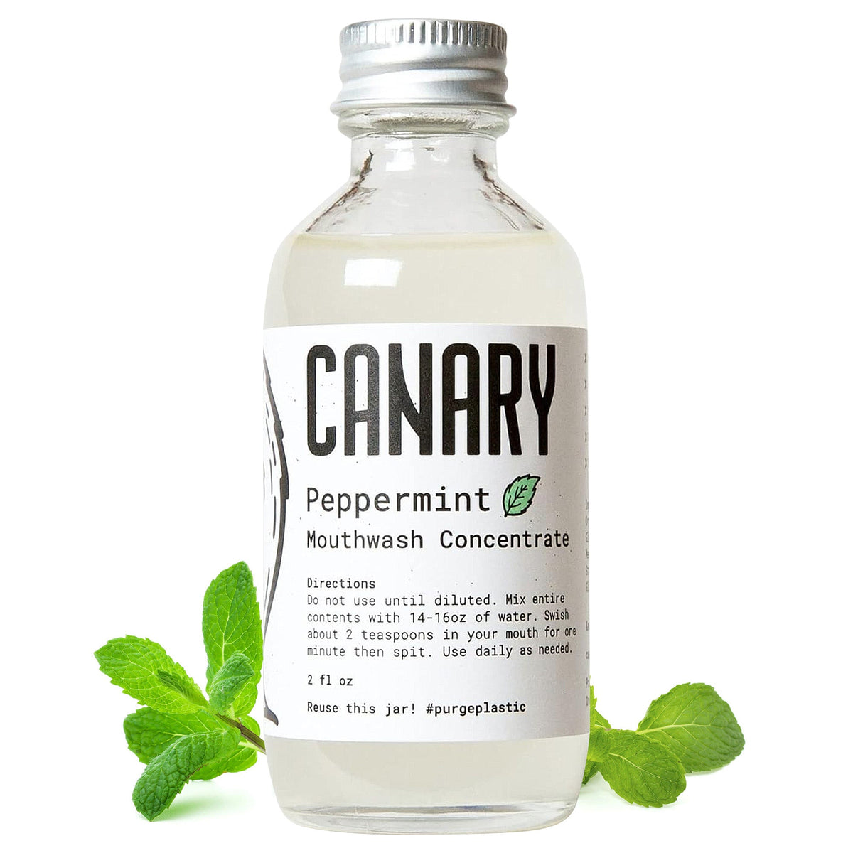 Canary peppermint mouthwash concentrate in a small glass bottle