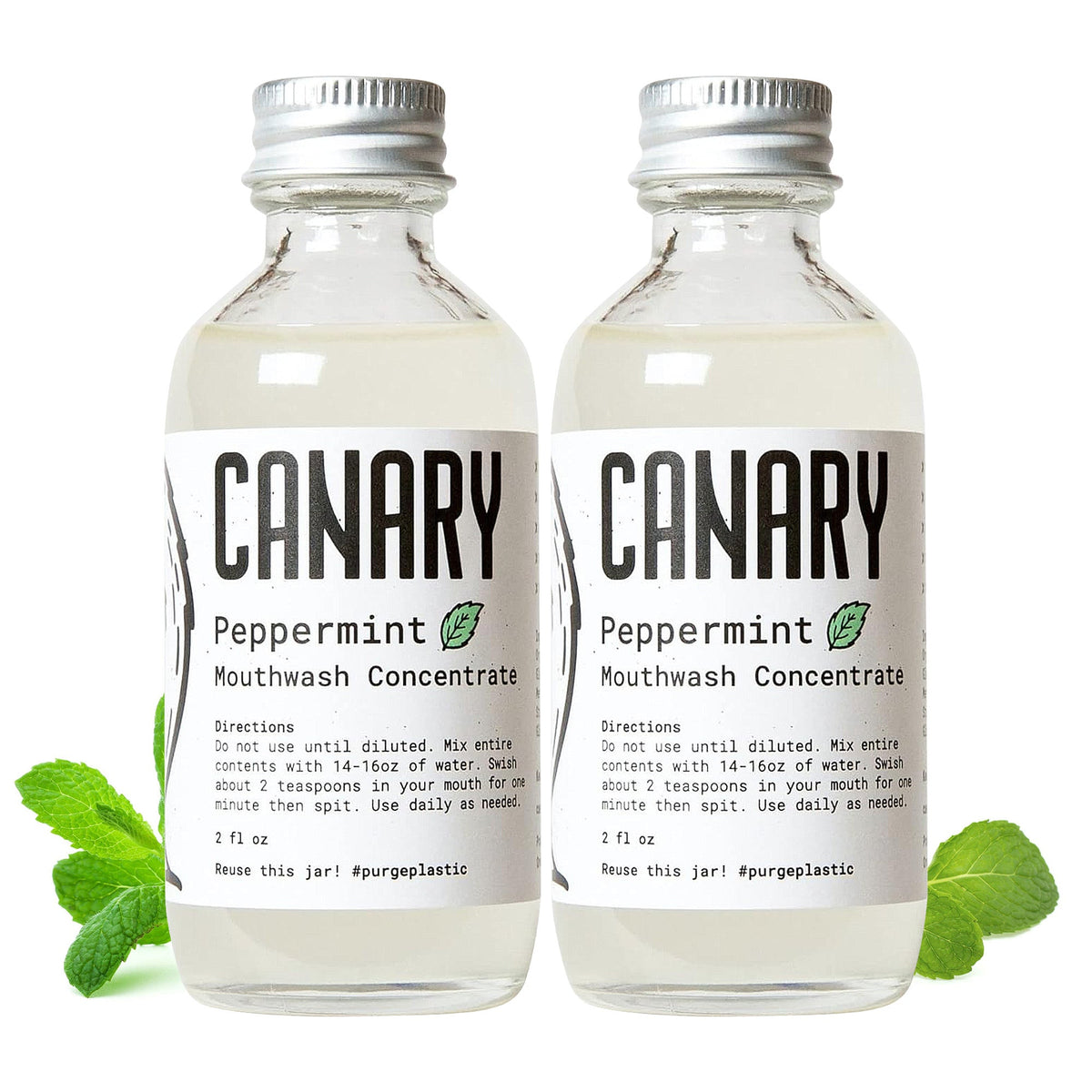 Two bottles of Canary peppermint mouthwash concentrate