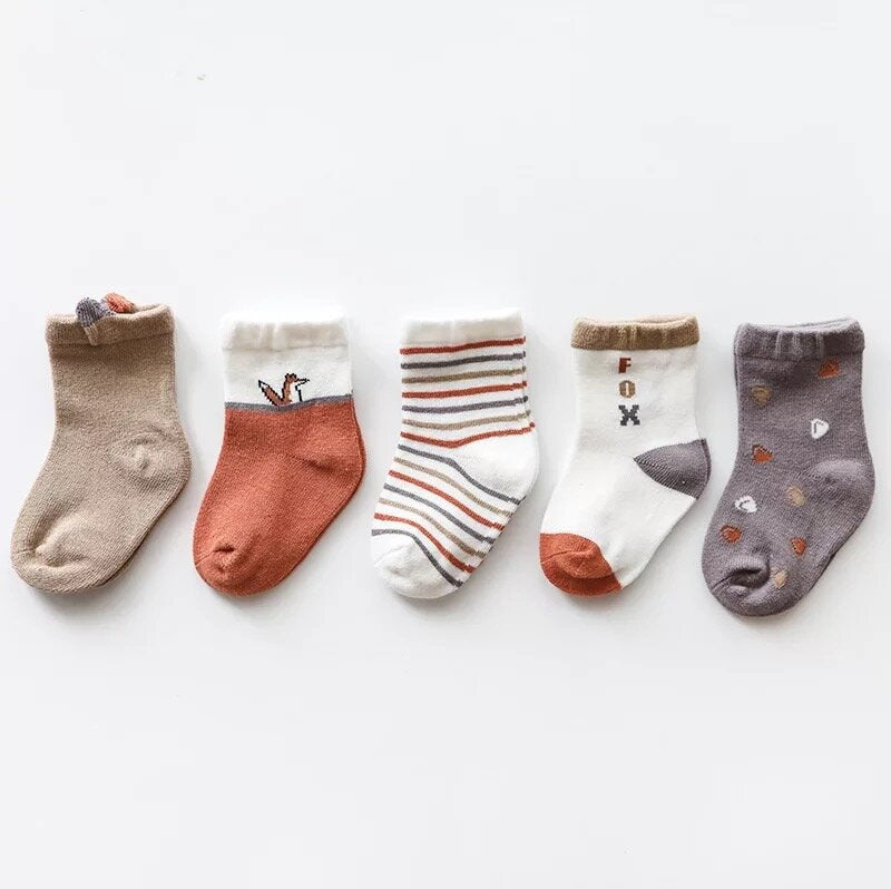 Toddler 5-pack fox socks: beige, rust orange, white stripes, and gray pairs