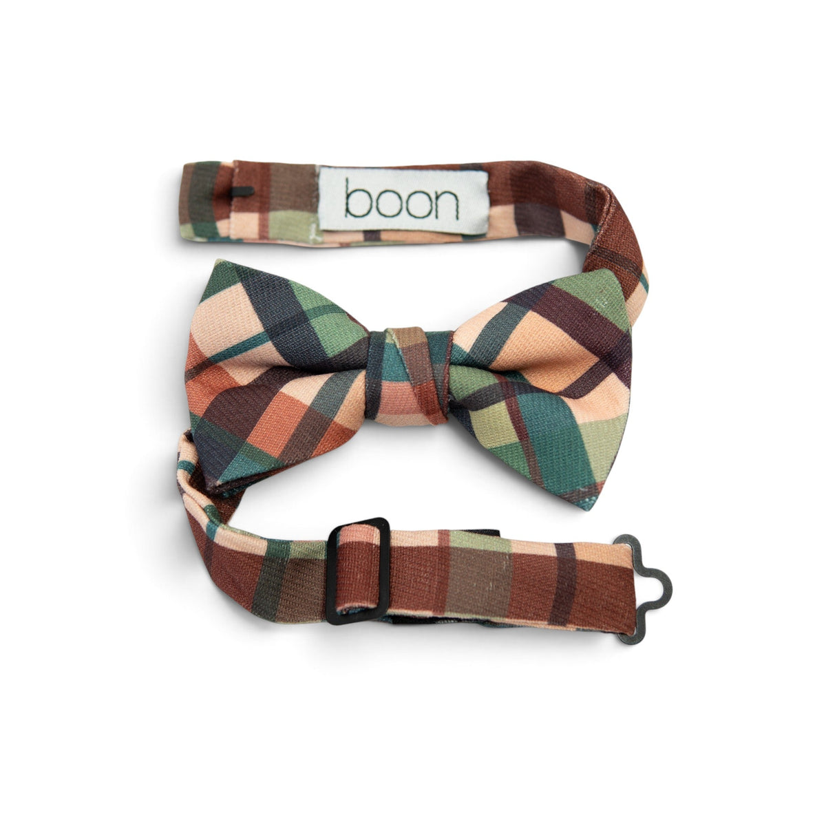 Mulberry plaid boys bow tie with adjustable strap, green-brown-cream check
