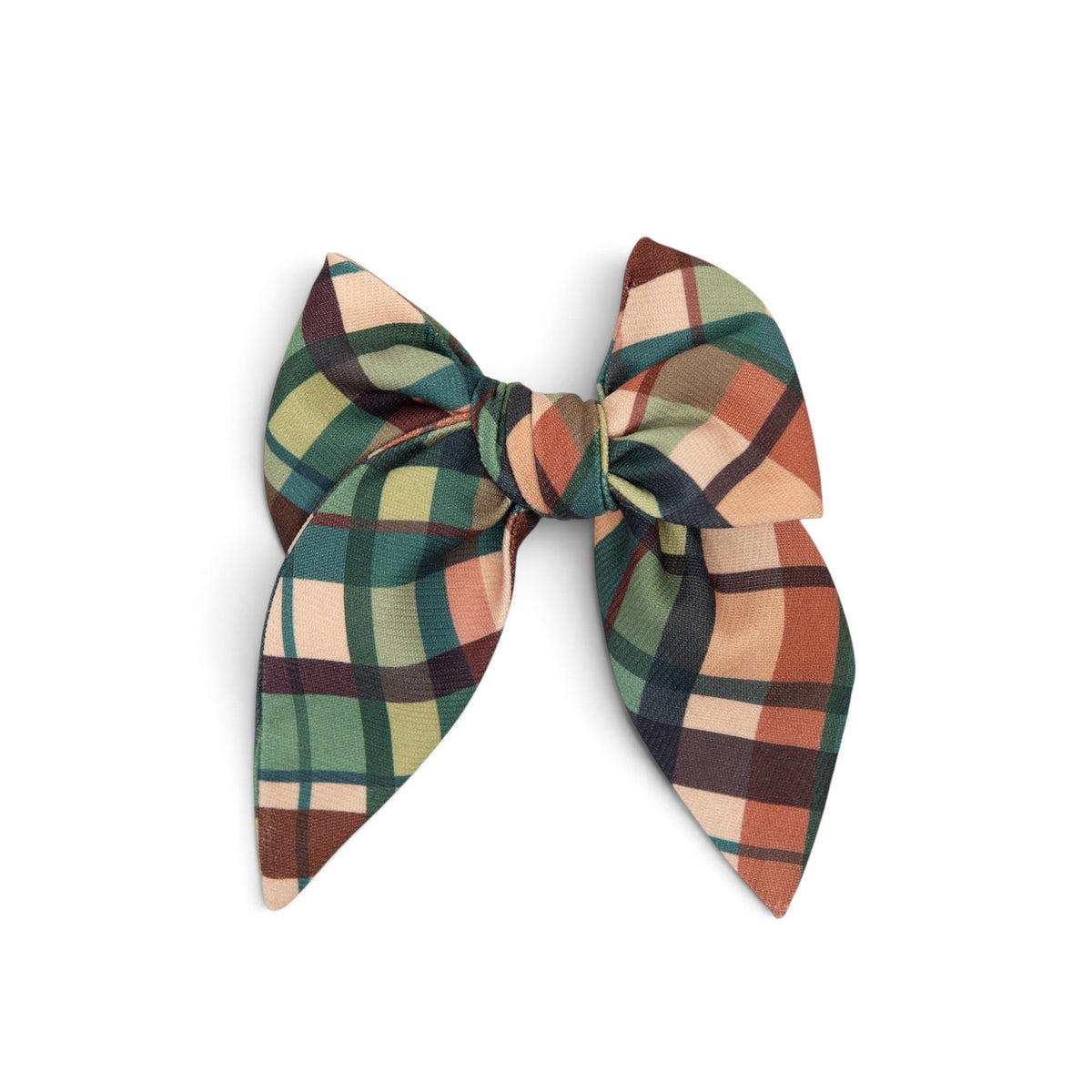 Plaid hair bow with green, teal, tan, navy, and rust checks