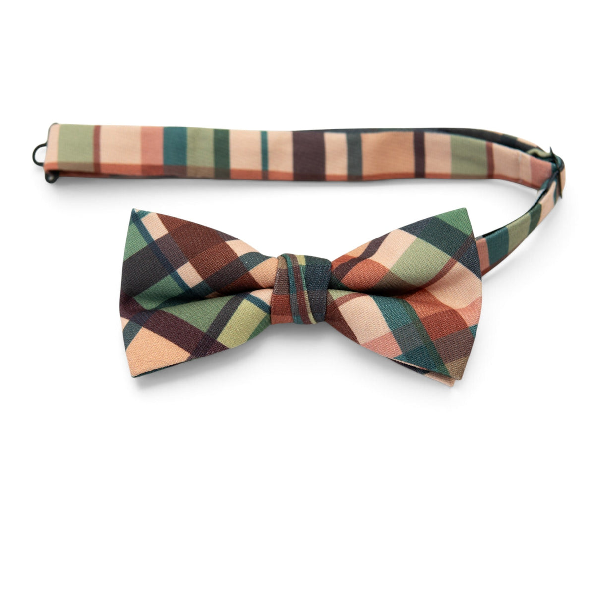 Plaid pre-tied bow tie with multicolor square pattern and stitched center knot