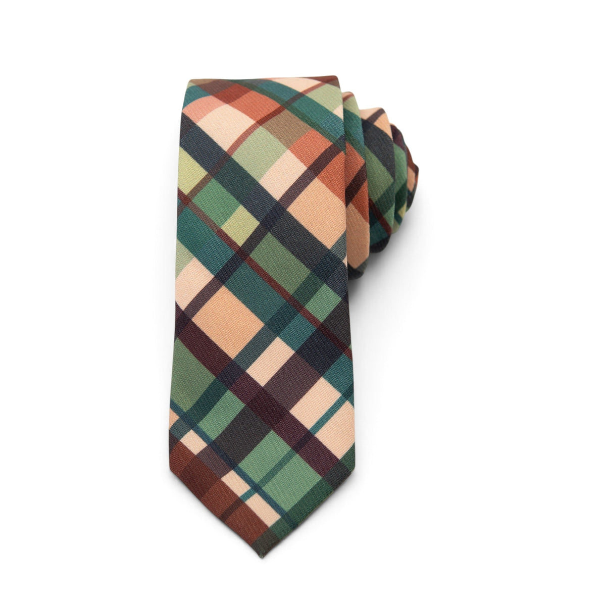 Men's plaid tie with green, navy, rust, and cream squares and diagonal stripes