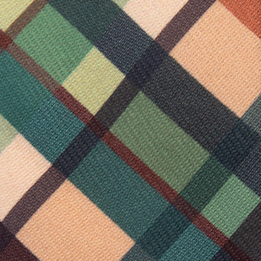 Close-up of multicolor plaid bow tie fabric with green, tan, blue, and burgundy checks