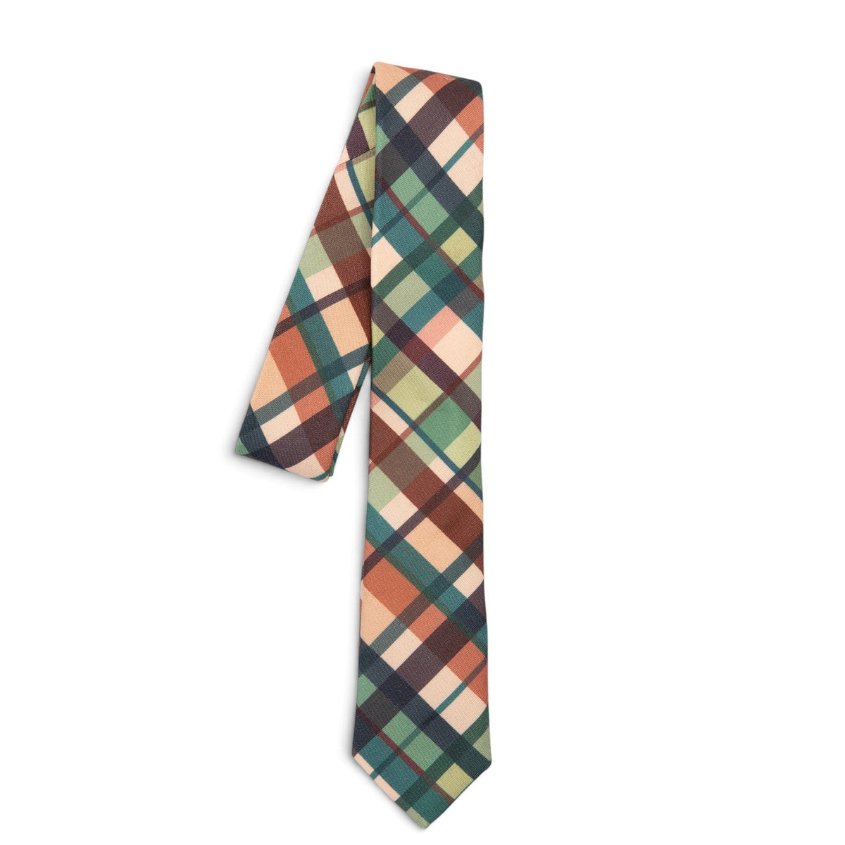 Youth plaid necktie with multi-color squares in teal, green, tan, and rust