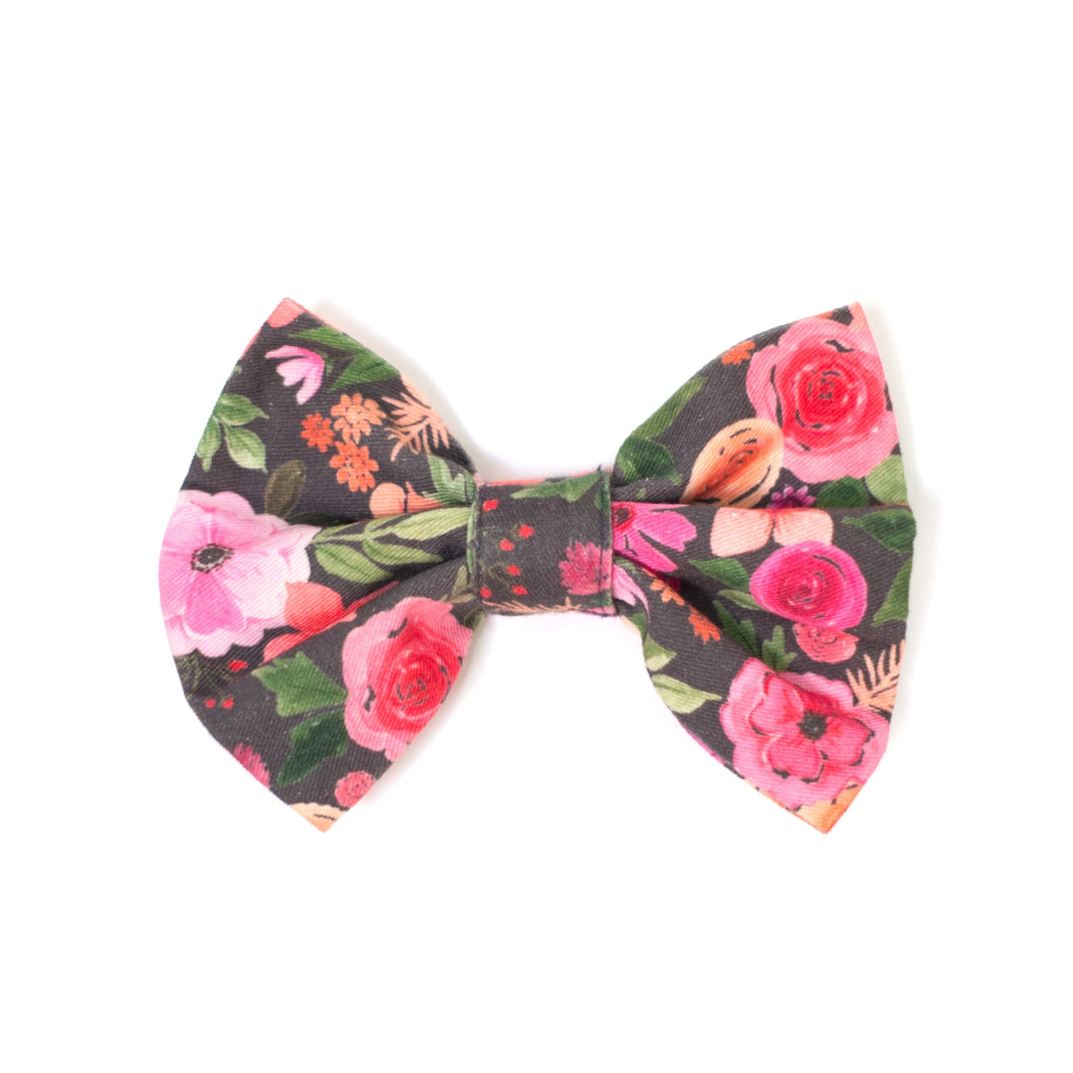 Dog bow tie with dark floral pattern and pink roses, fabric bow with center knot
