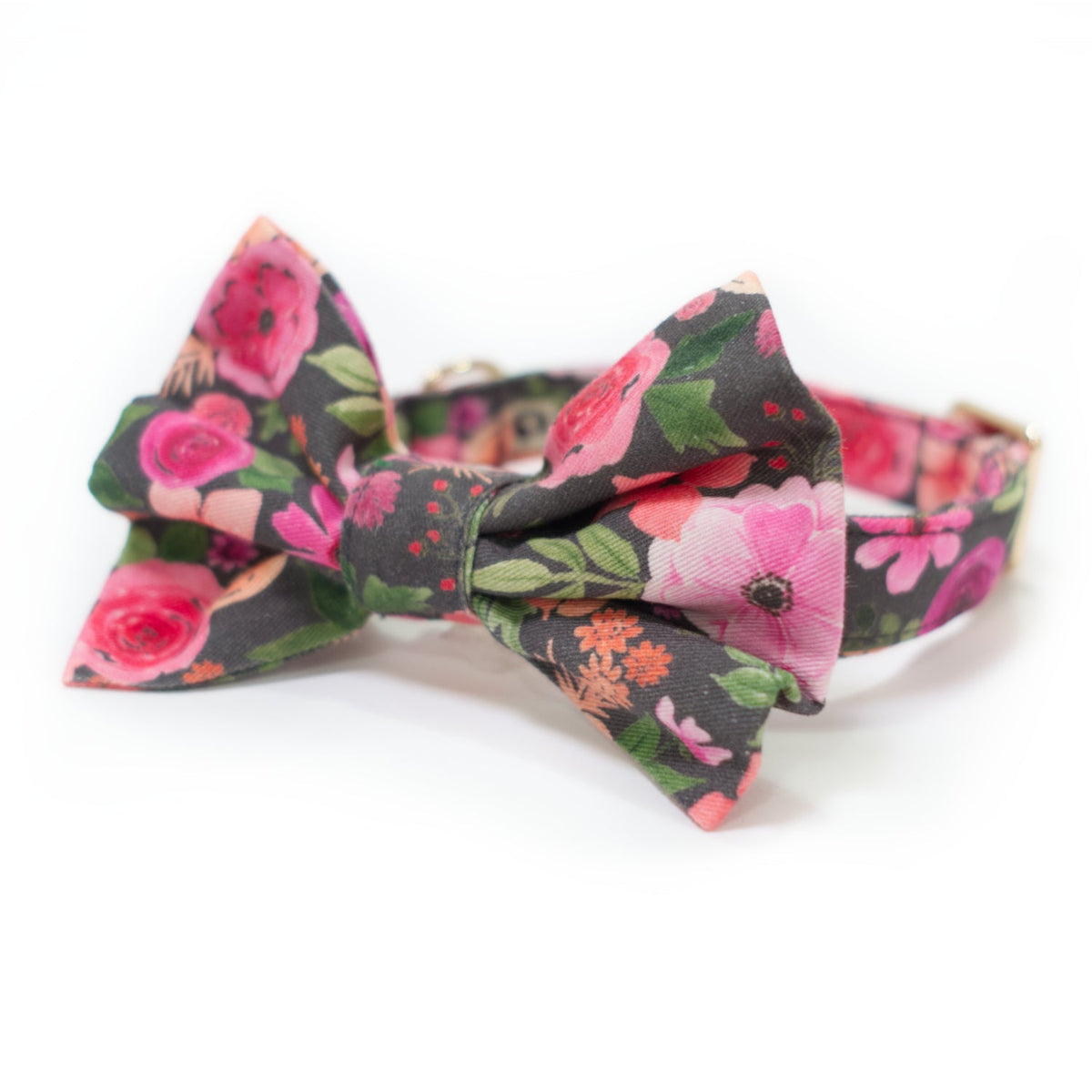 Dog collar with bow tie, floral pink and green on dark fabric, gold clasp and buckle