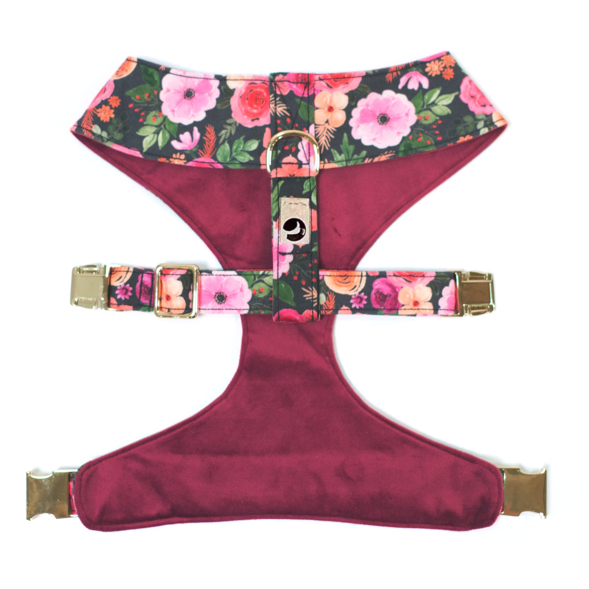 Reversible dog harness with burgundy solid panel and floral webbing straps