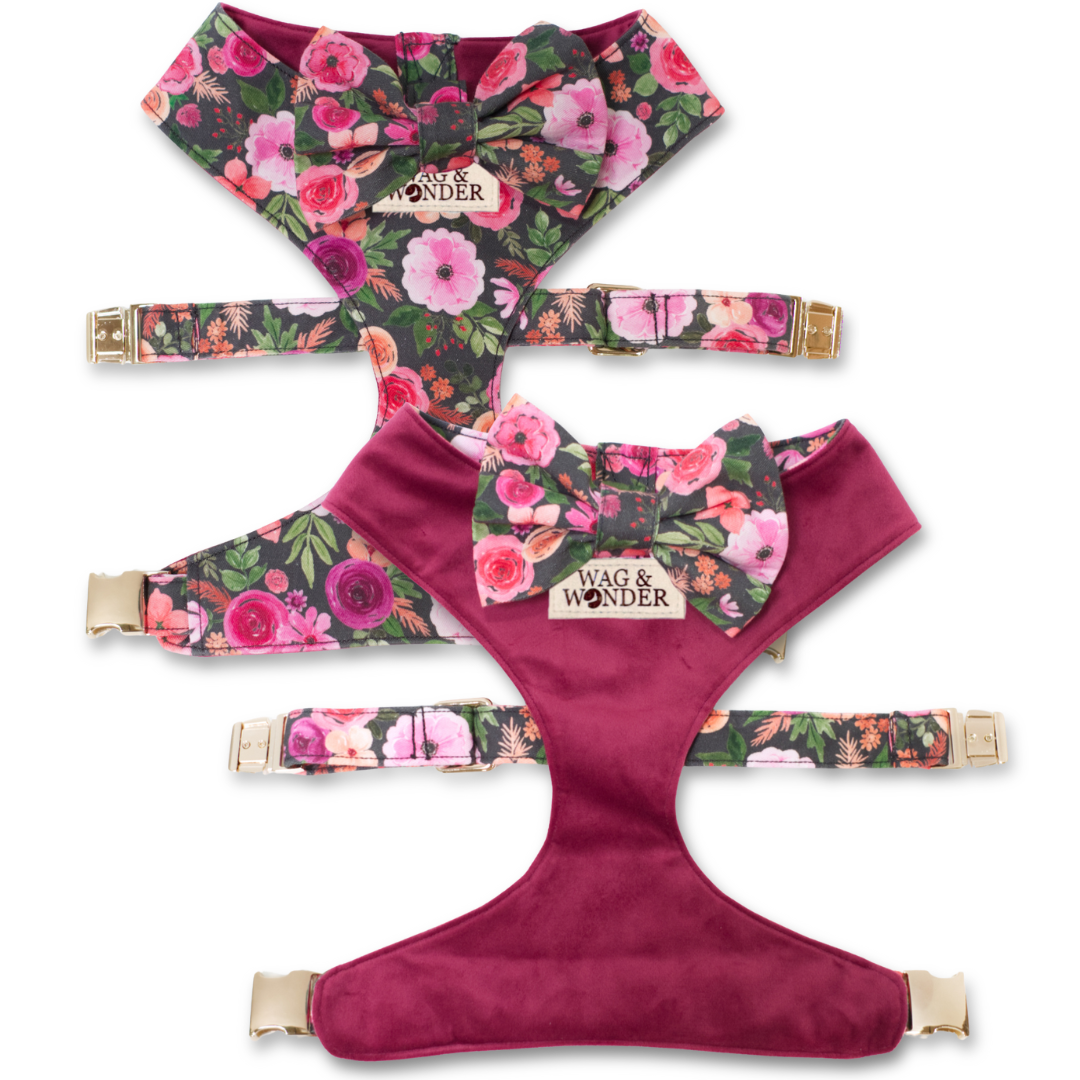 Reversible dog harness with rose floral bow tie and plum solid backing
