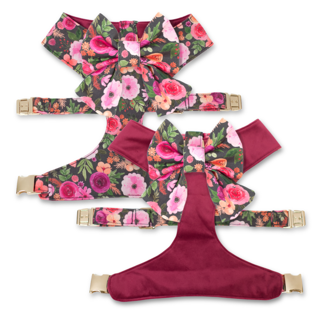 Reversible floral dog harness with wide sailor bow and adjustable buckle straps