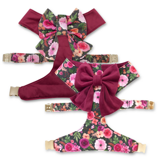Reversible dog harness with floral print straps and large burgundy sailor bow