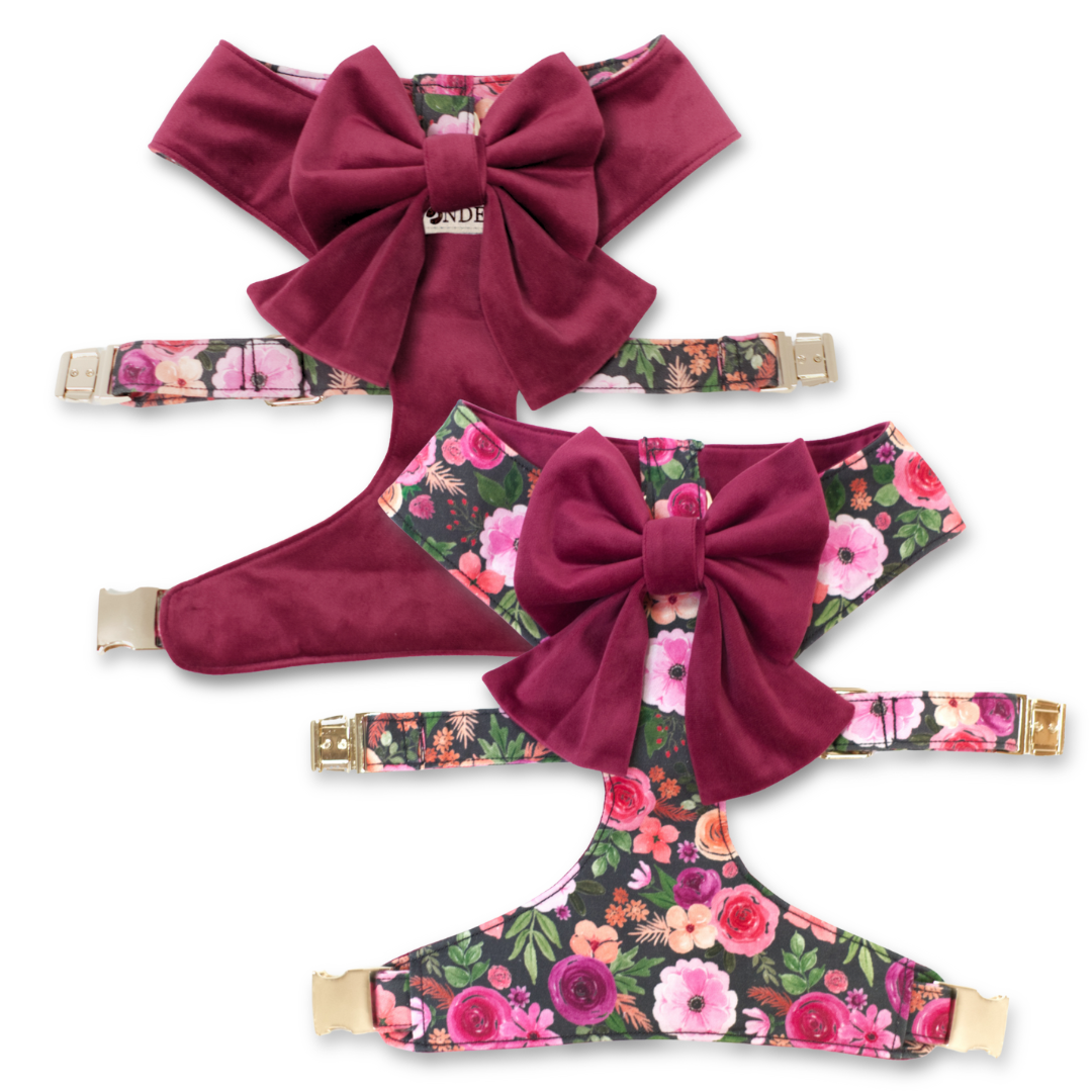 Reversible dog harness with large sailor bow, floral print, and burgundy lining