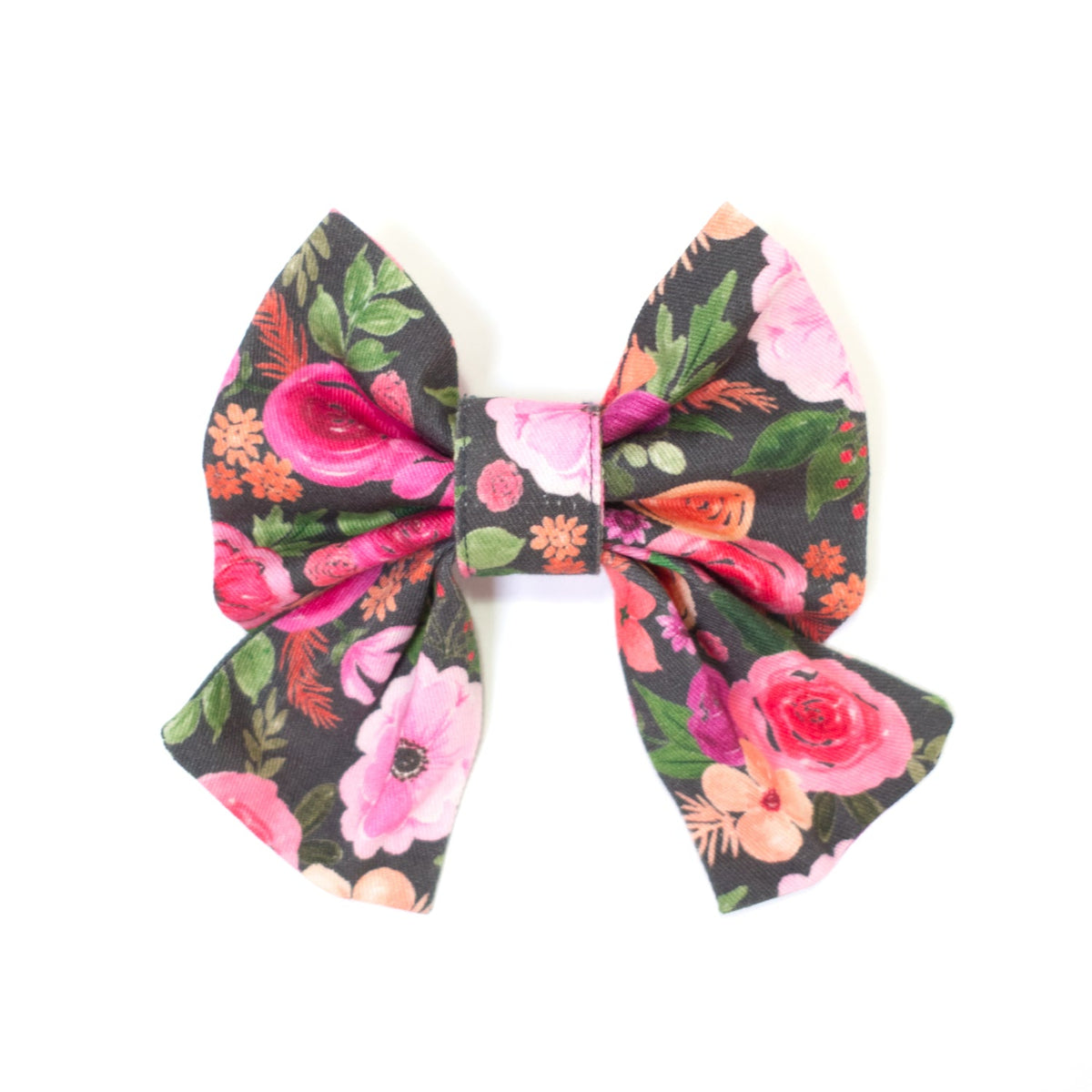 Large floral sailor bow for dog collar with pink roses and green leaves
