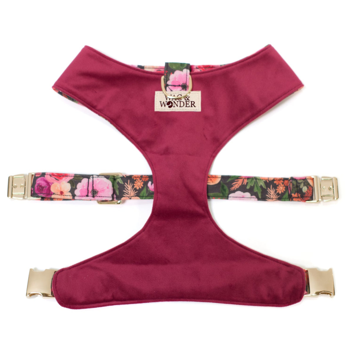Reversible dog harness with burgundy underside and floral adjustable chest strap
