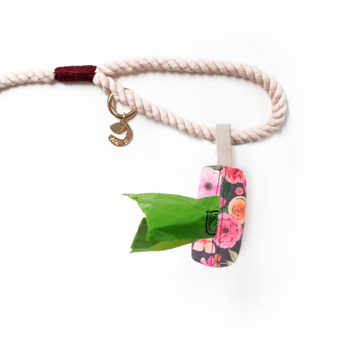 Floral waste bag holder charm on braided cord with metal clip