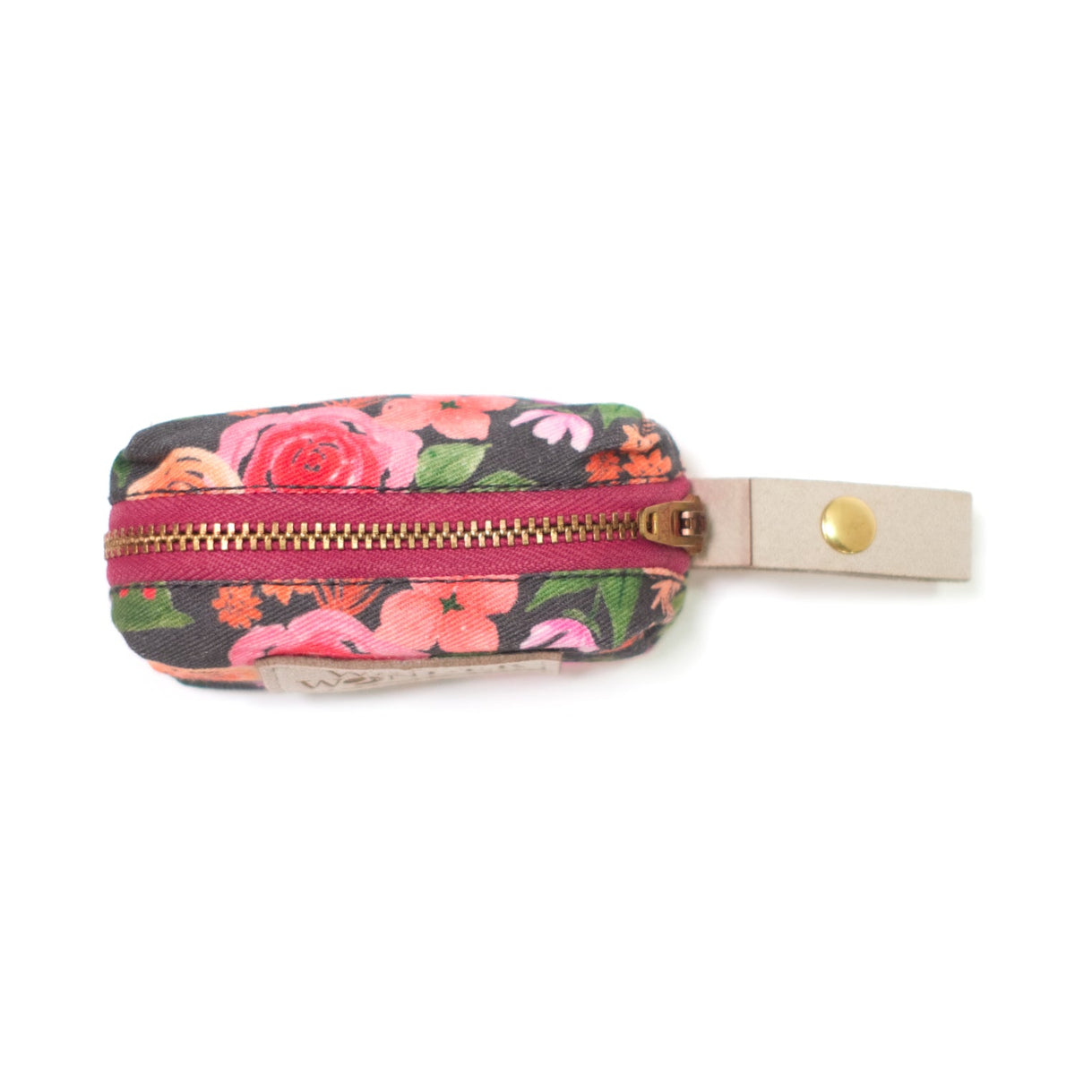 Floral waste bag holder pouch with snap strap, WAG & WONDER label