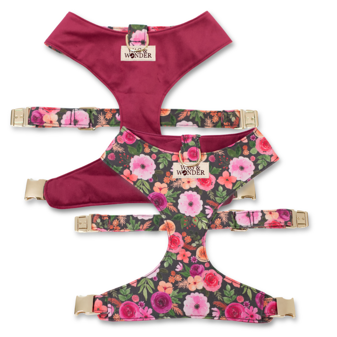 Reversible dog harness with floral straps, burgundy backing, and sailor bow