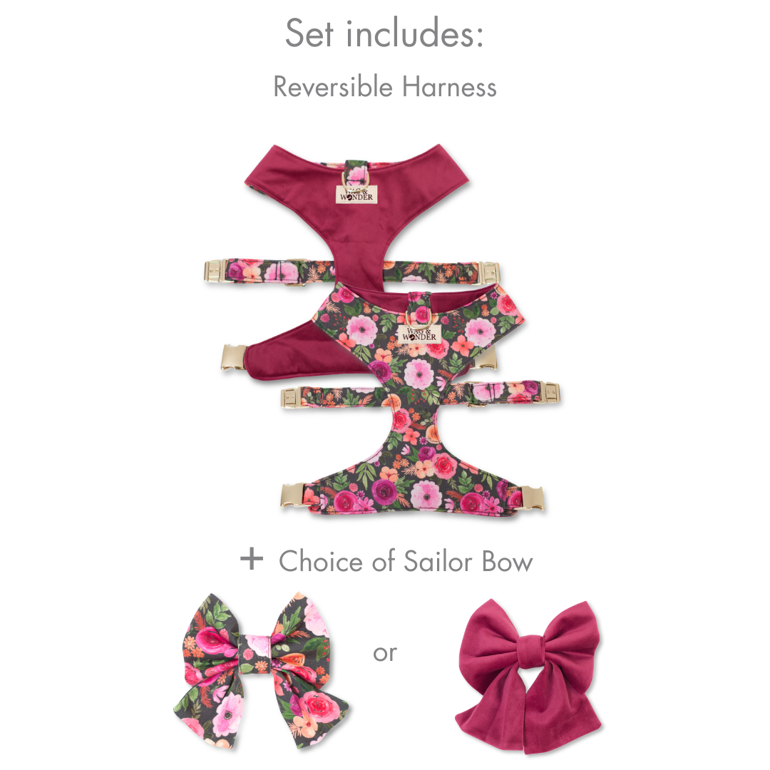 Reversible dog harness with burgundy reverse side and sailor bow option