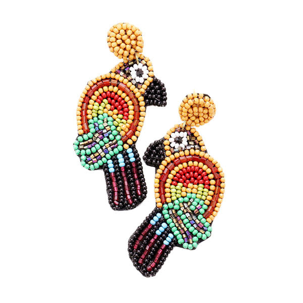 Multi-color seed bead parrot earrings with oval patterned wings and dangling bodies