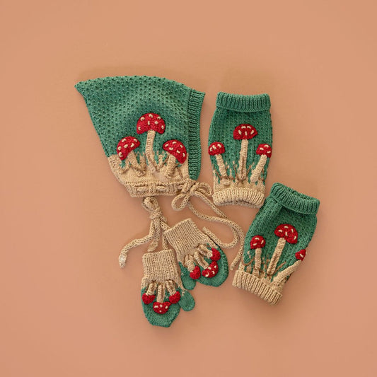 Knit mushroom accessory set: hunter green, red-capped mushroom motifs, tied cuffs