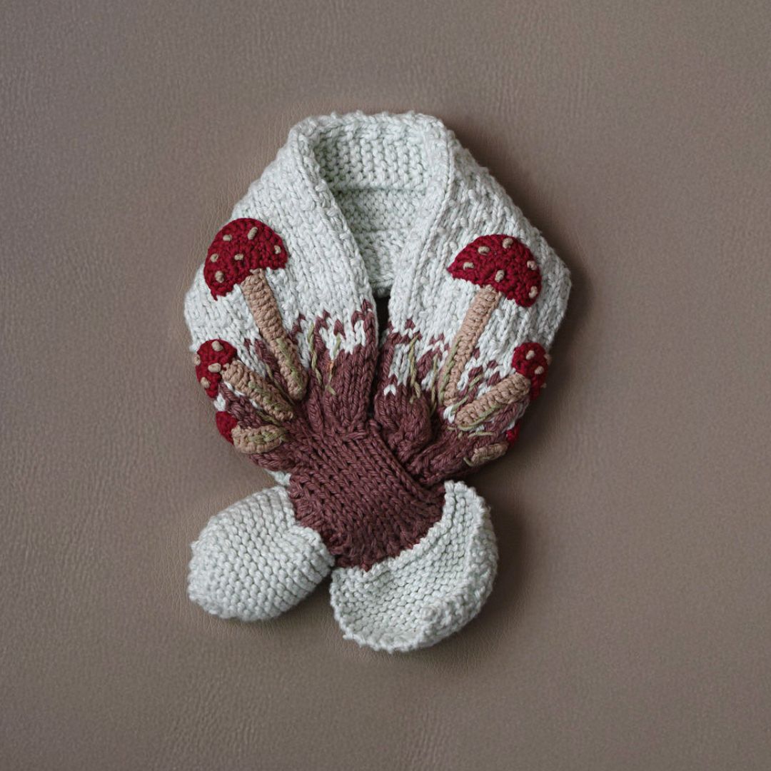 Knit mushroom neck scarf with light gray base, brown stems, red mushroom caps