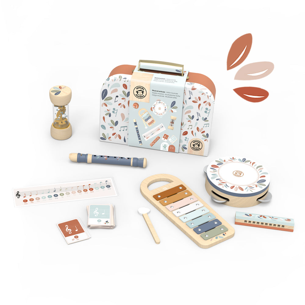 Five-piece children's musical instrument set with xylophone, tambourine, recorder, shaker and accessories