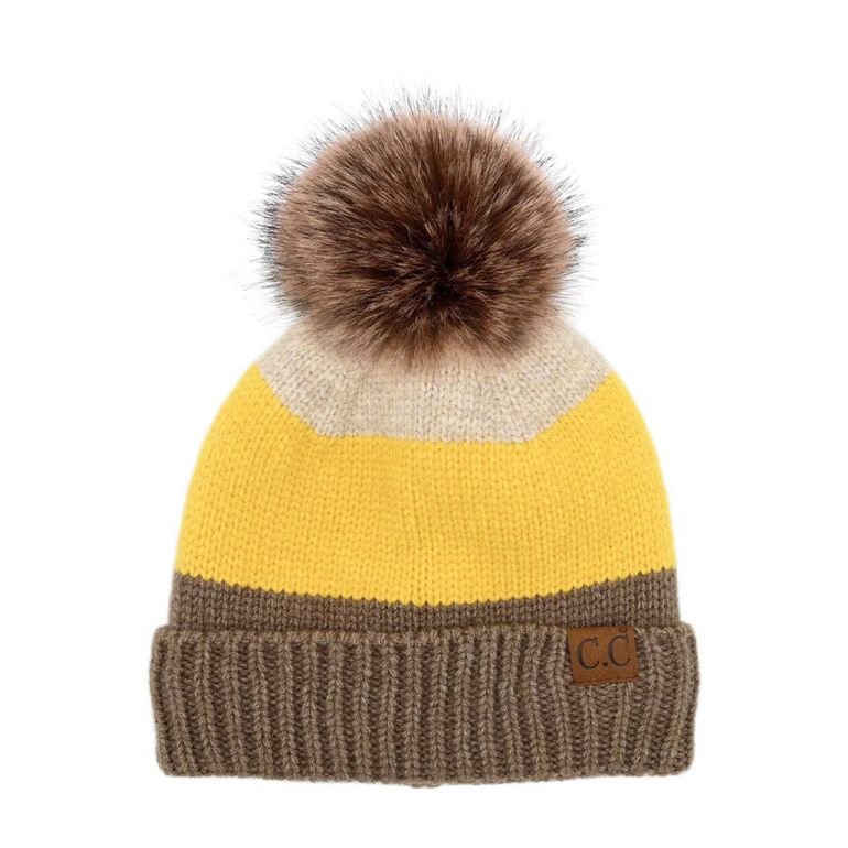 Color block knit beanie with pom, yellow and beige stripe, ribbed brown cuff