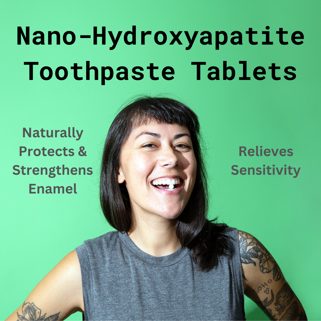 Woman displaying a smile beside toothpaste tablet enamel care claims