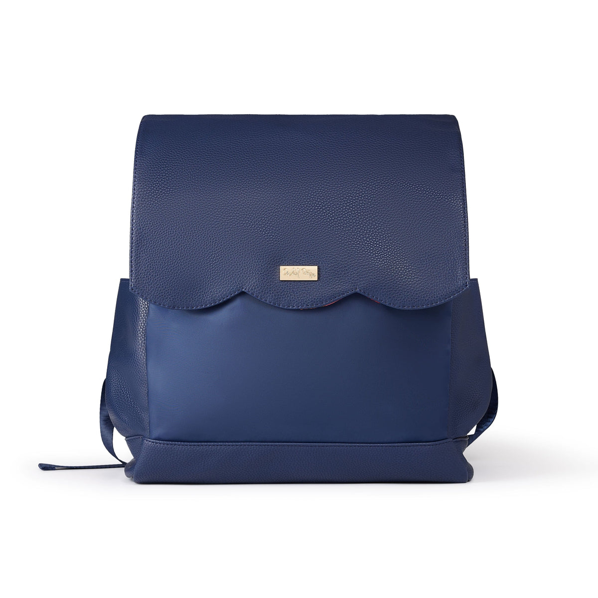Navy diaper bag backpack with front flap pocket and gold-tone logo plate