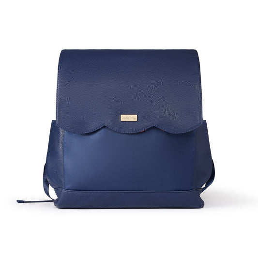 Navy diaper bag backpack with front flap pocket and gold-tone logo plate