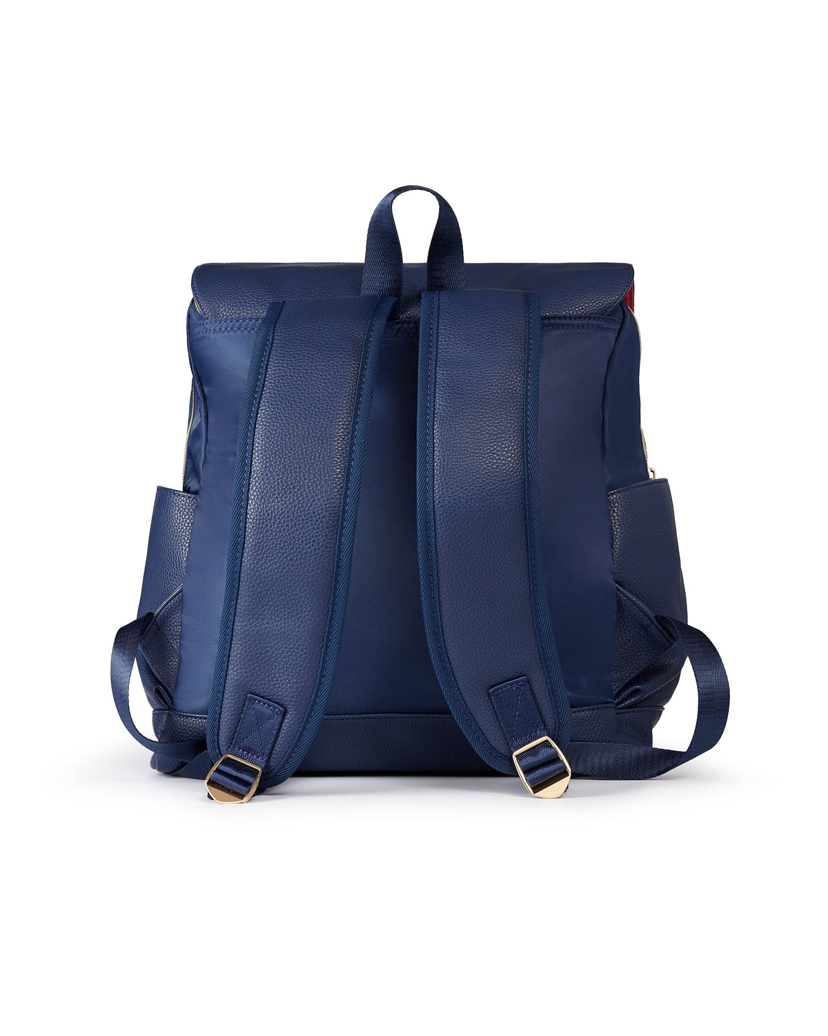 Back view of navy diaper bag backpack with padded straps
