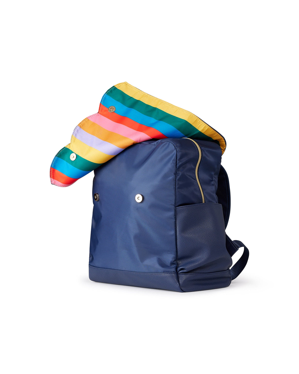 Navy diaper bag backpack with rainbow-trim top panel