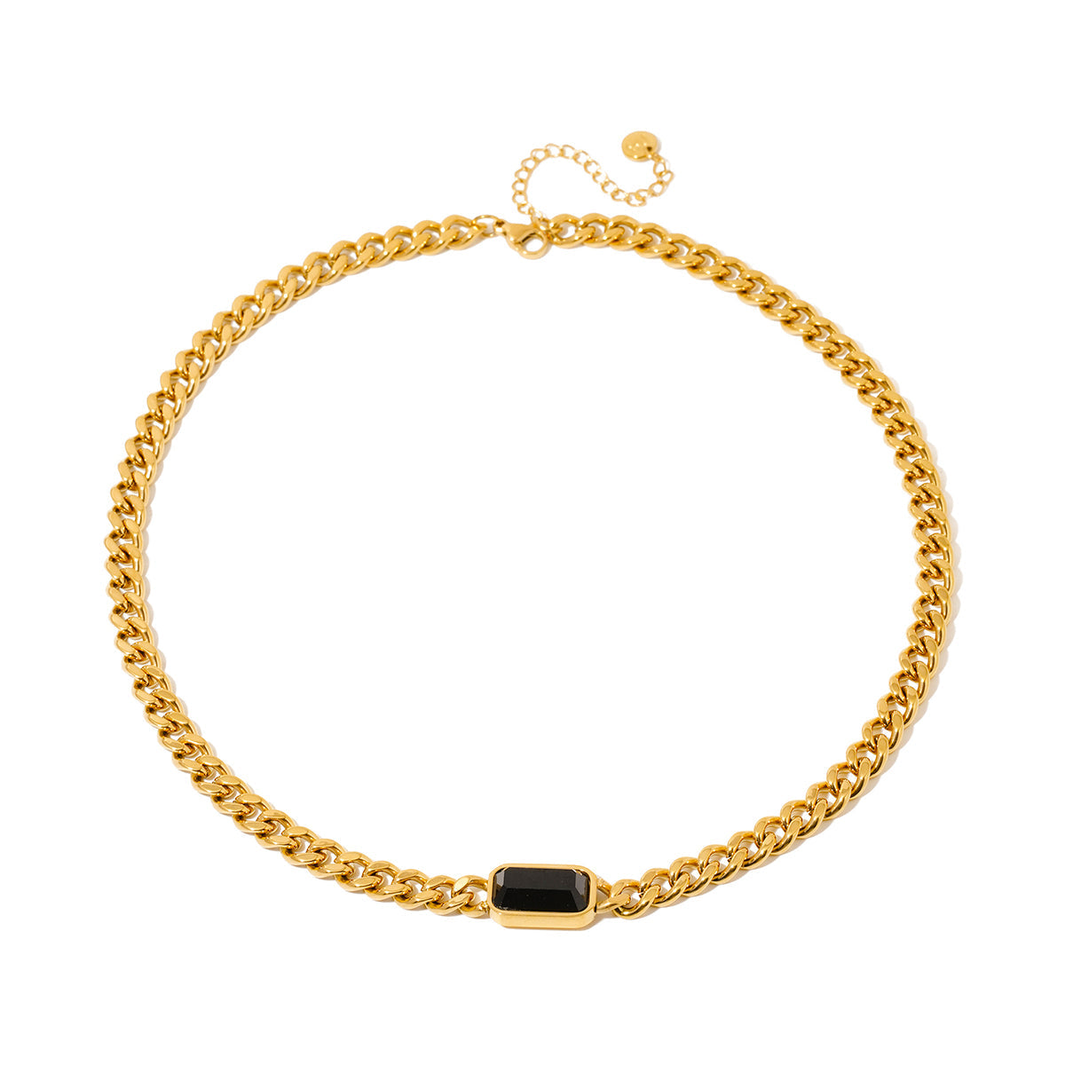 Gold curb chain necklace with black rectangular center link and lobster clasp