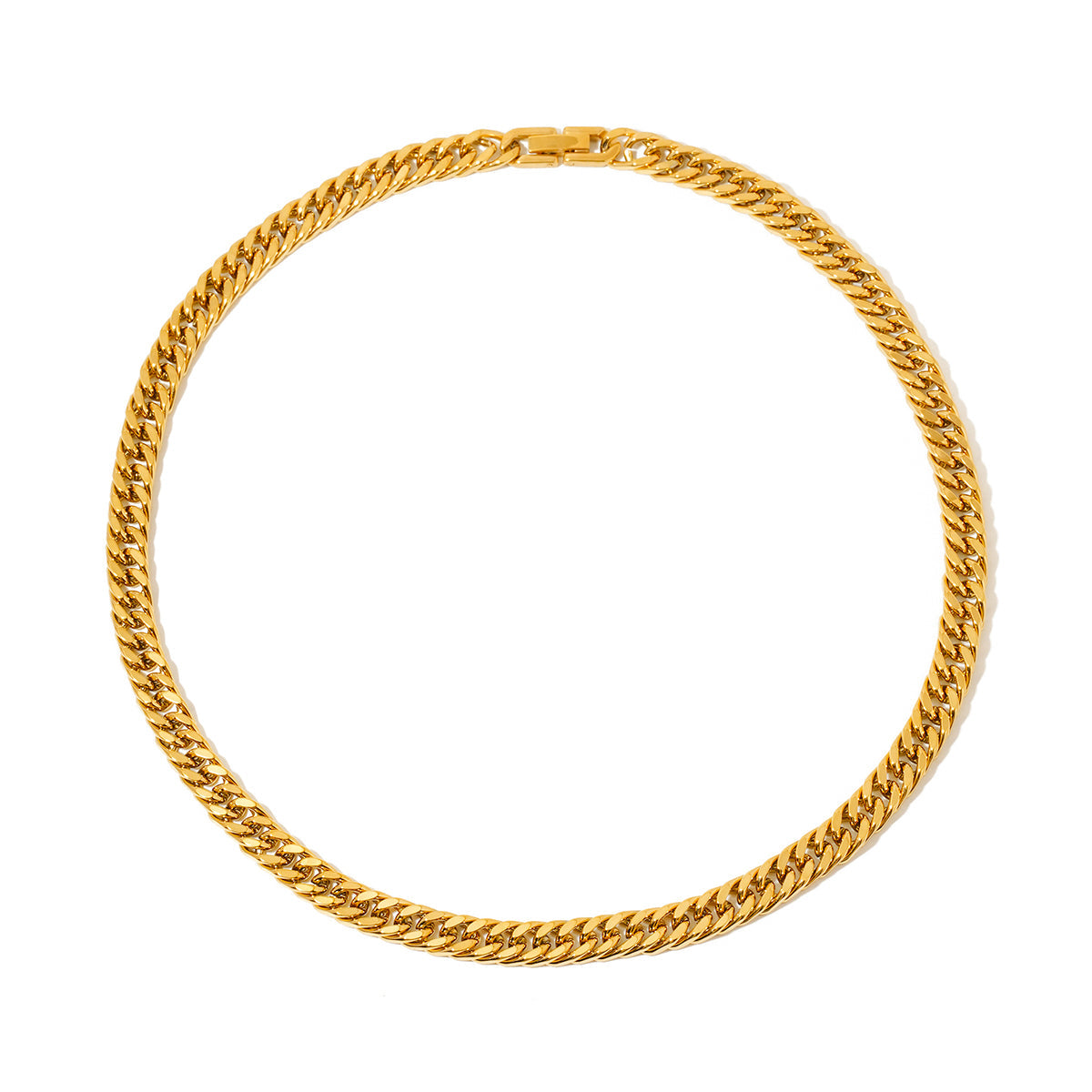 Gold Cuban chain necklace close-up, smooth curb links with small box clasp