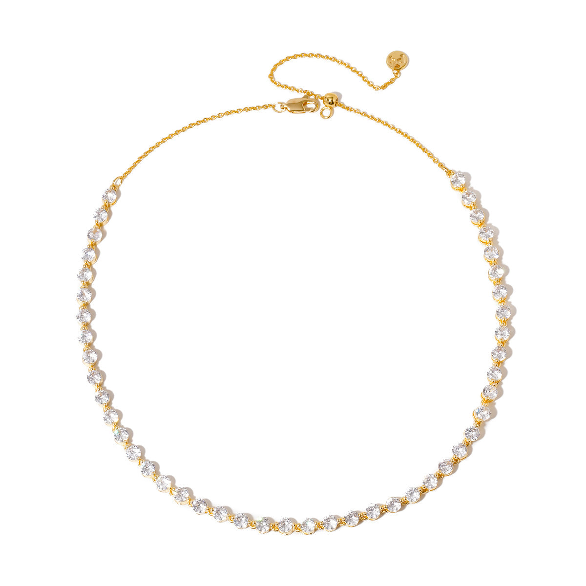 Gold-tone adjustable choker necklace with clear rhinestone tennis row and clasp