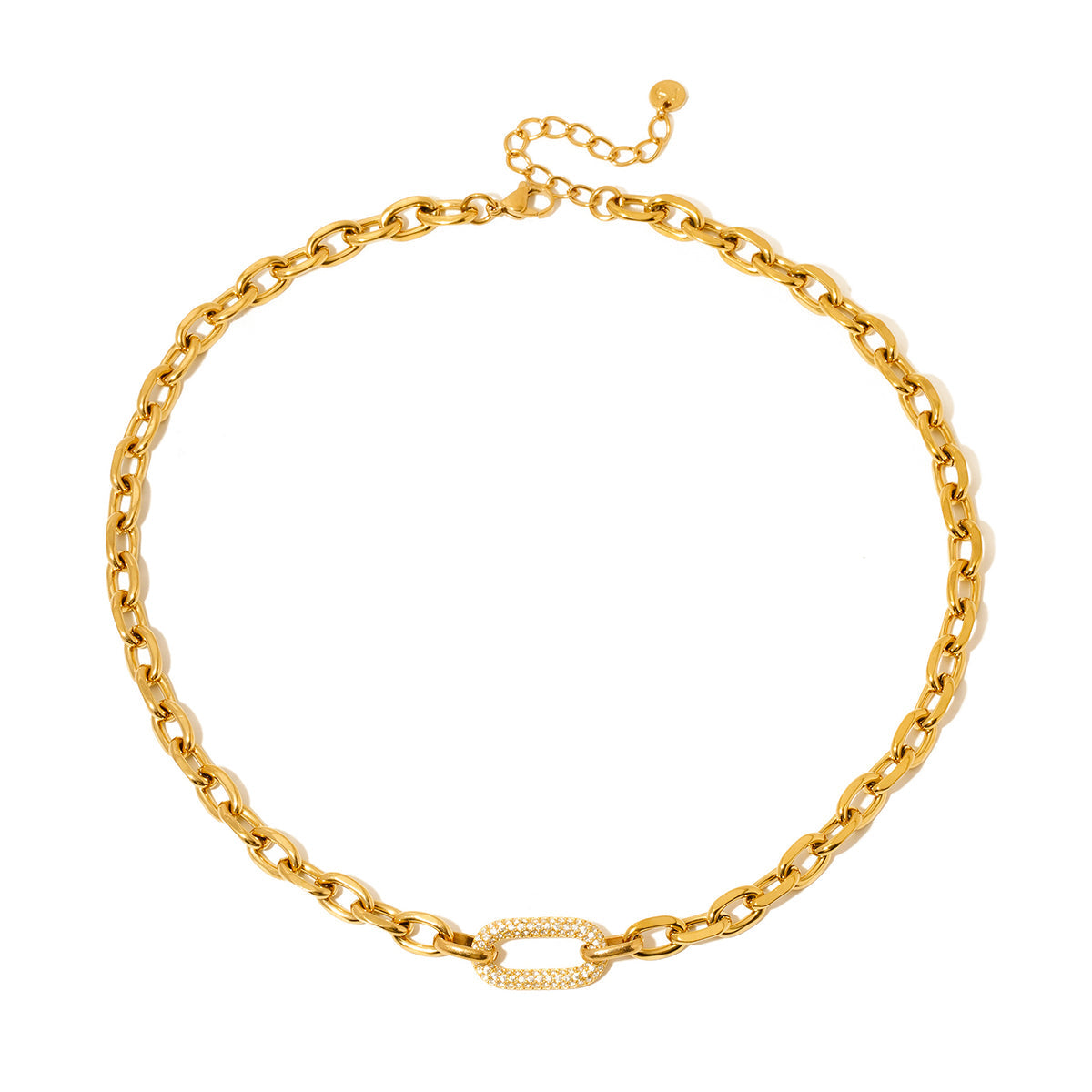 Gold chain necklace with pavé oval pendant and extender clasp