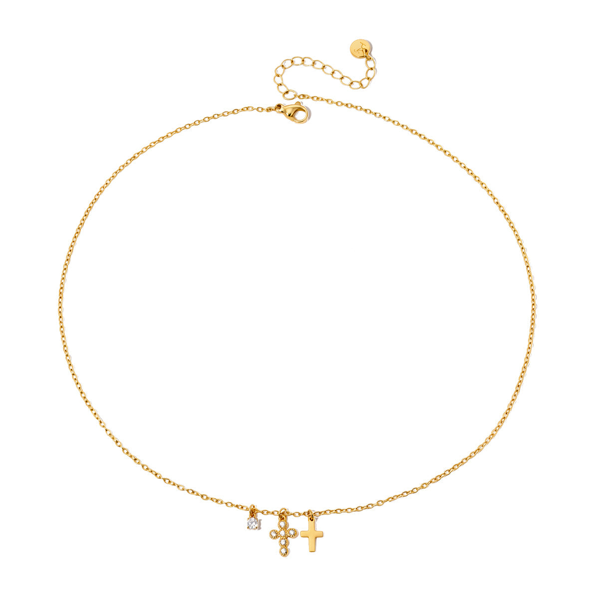 Petite double cross necklace, gold-tone chain with two cross charms and stone details